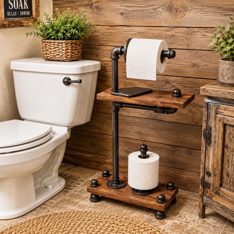 Rustic Industrial Toilet Paper Stand with Phone Shelf