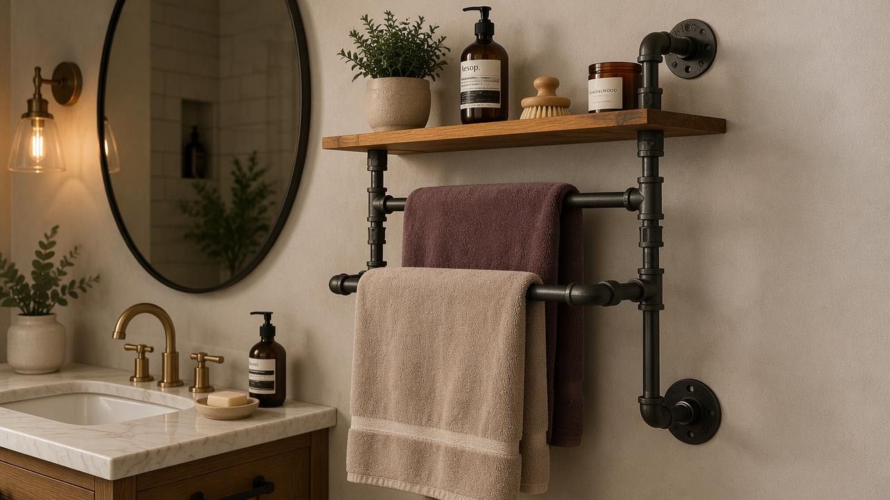 Industrial Pipe Towel Rack with Wood Shelf – Retro Bathroom Organizer