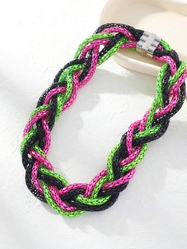 1pc Fashionable Color Block Braided Design Bib Necklace For Women For Daily Decoration