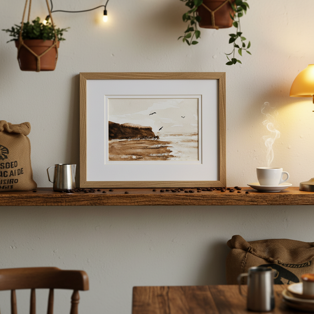 Watercolor Coffee Beach Scene Painting