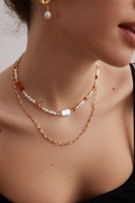 Strawberry Crystal Baroque Pearl Necklace