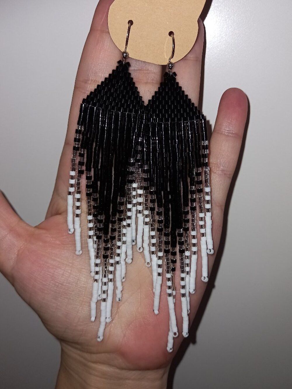 Black Silver White Ombre Beaded Fringe Earrings - Long Geometric Statement Drop