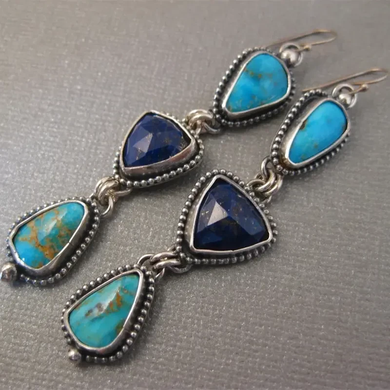 Handmade Vintage Lapis & Turquoise Gemstone Dangle Earrings