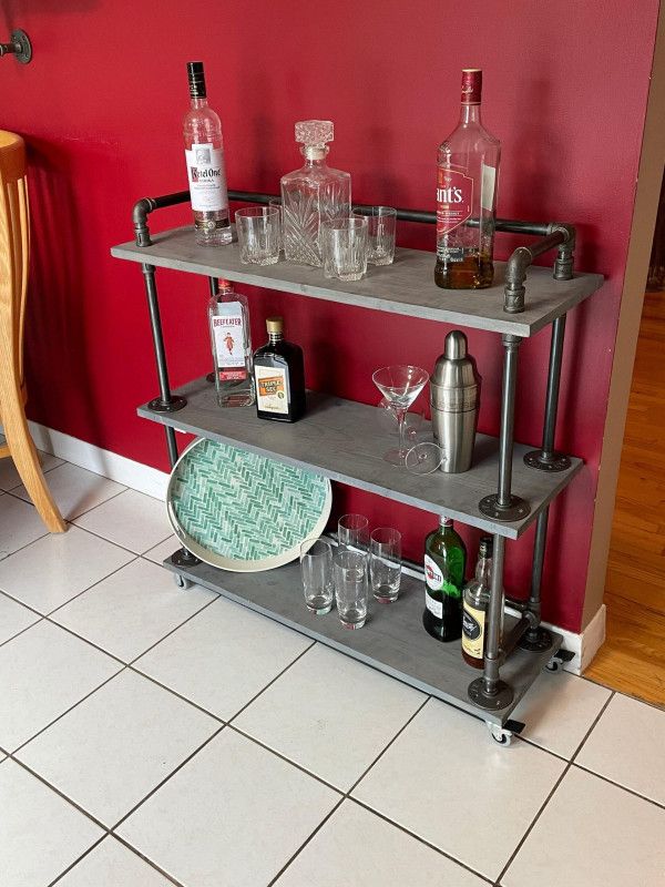 3 shelf Bar cart with back support bars – Kitchen cart – Dining room Cart -Farmhouse Cart – Rolling Cart