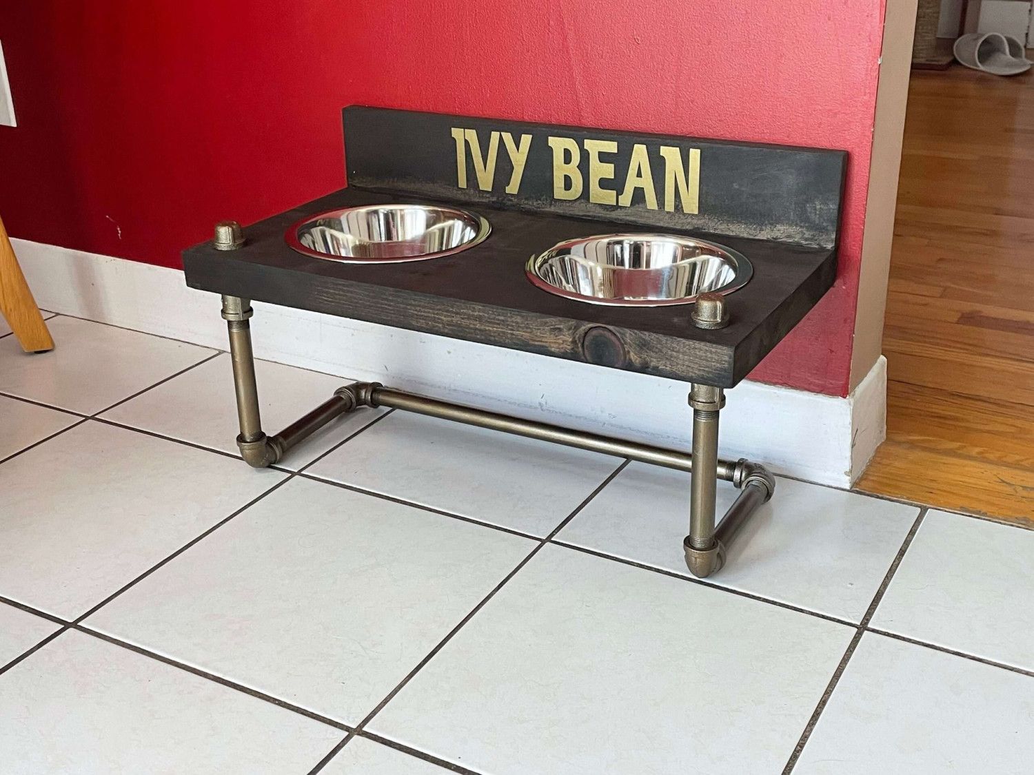 Industrial Raised Dog Bowl Stand, Metal Pipe Legs, Small Size