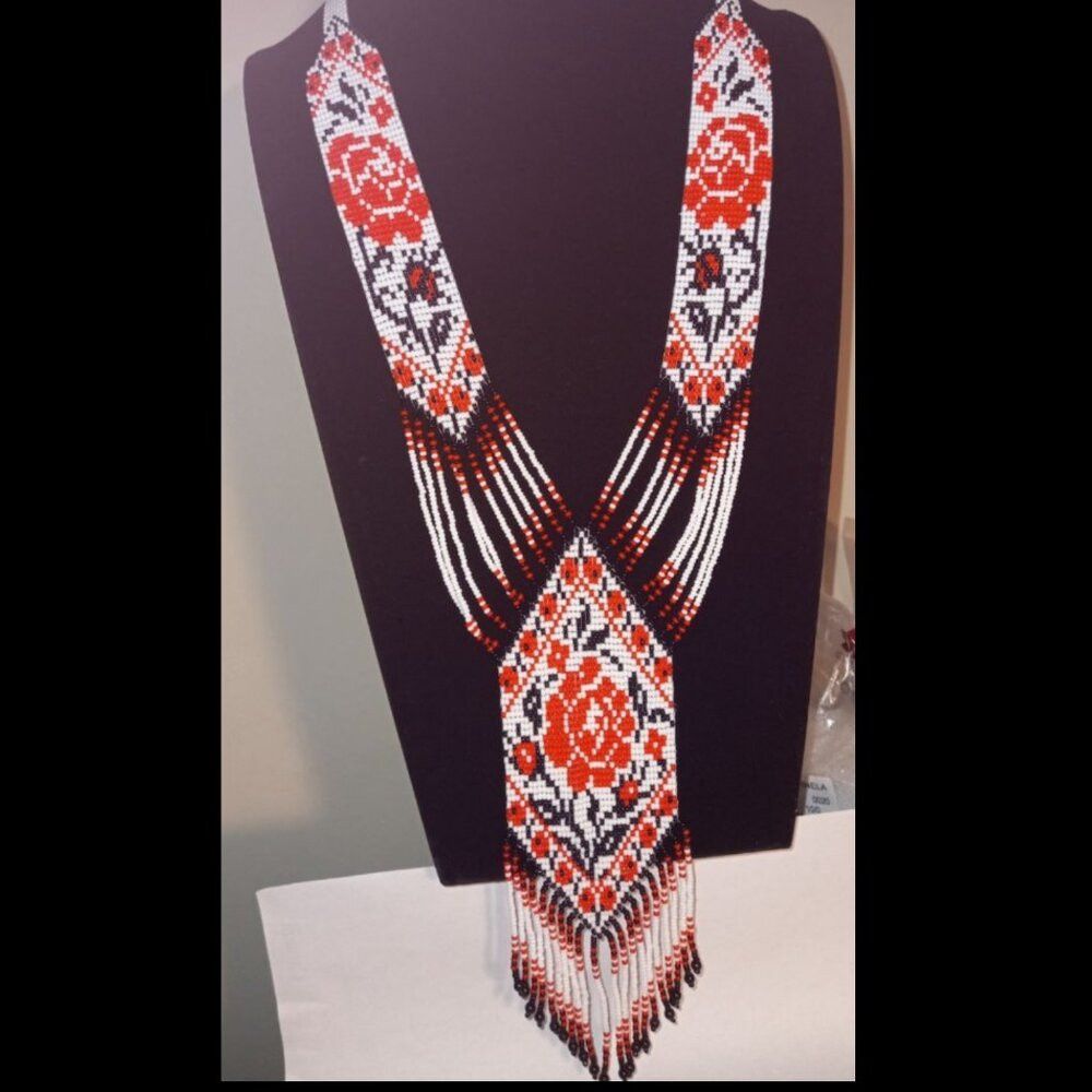 [MADE TO ORDER] Ukrainian Beaded Gerdan Necklace - Red Rose Embroidery Motif