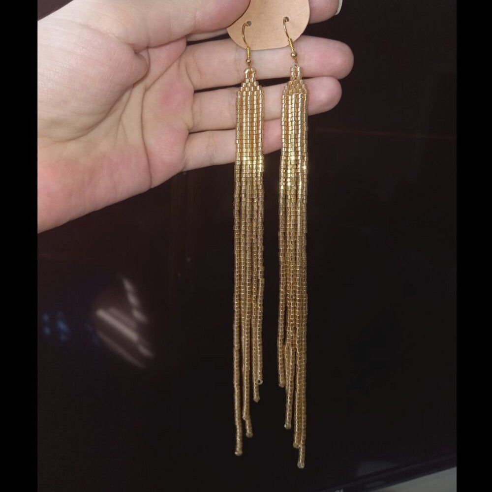 Extra Long Metallic Gold Beaded Fringe Earrings - Shoulder Grazing Dangles