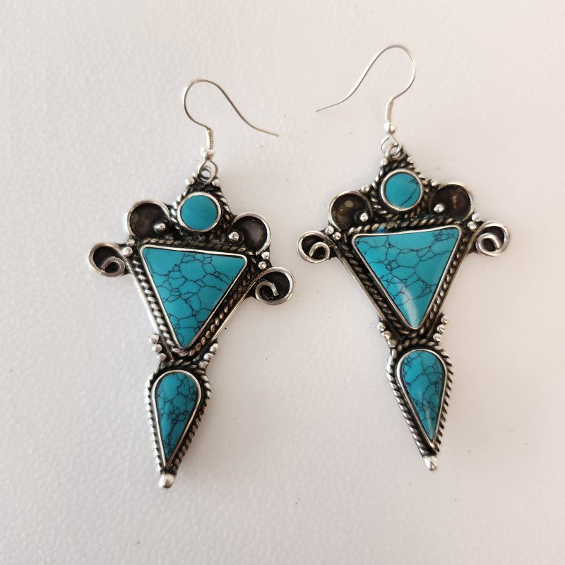 Silver & Turquoise earrings. Dramatic Sante Fe Aesthetic.  Triple Gemstone Geometric Design 3 Inch Hang Length. Bold Statement Ear Jewelry.