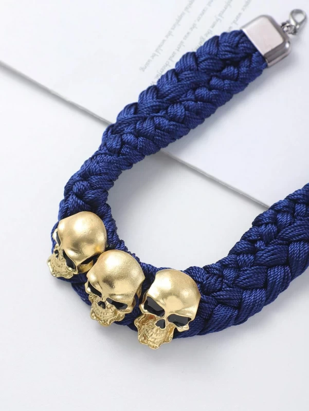 1pc European & American Fashionable Fabric Weaved Exaggerated Punk Skull Shaped Party Bib Necklace For Women