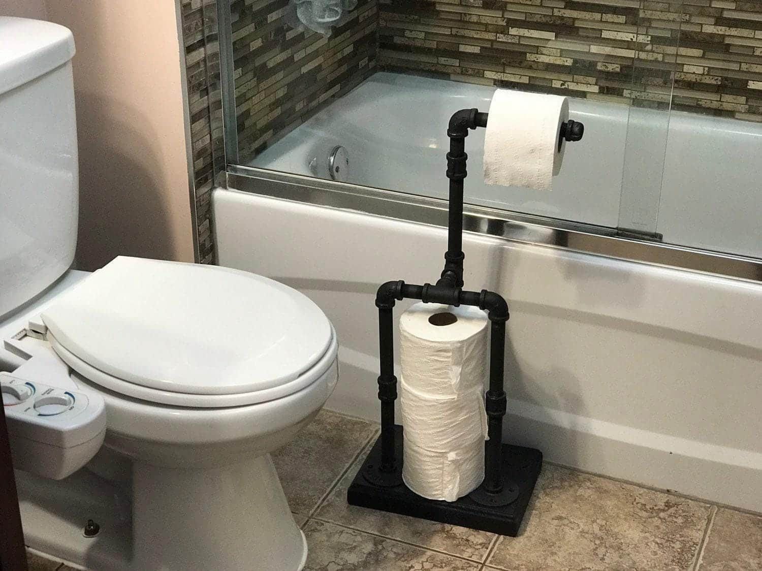 Steampunk Style freestanding single roll toilet paper holder with phone shelf and pressure gauge