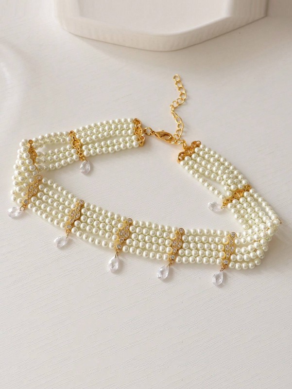 1pc Exaggerated Multi-Layered Faux Pearl Choker With Brass And Cubic Zirconia Inlay, Luxury Clavicle Chain For Precious Birthday Gift
