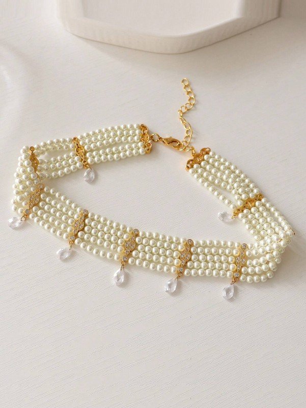 1pc Exaggerated Multi-Layered Faux Pearl Choker With Brass And Cubic Zirconia Inlay, Luxury Clavicle Chain For Precious Birthday Gift