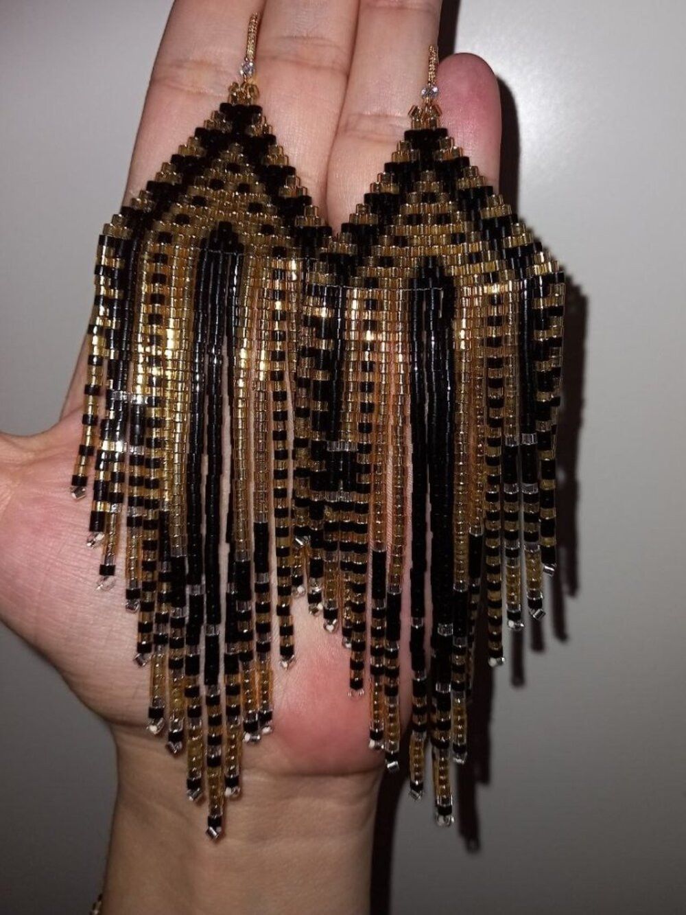 Luxury Black Gold Beaded Fringe Earrings - 18K Gold Plated Zirconia Hooks