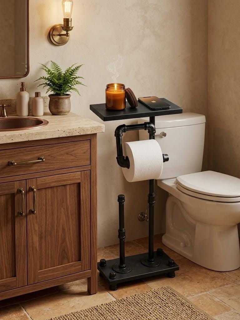 Industrial style freestanding crossover 4 roll toilet paper holder with shelf