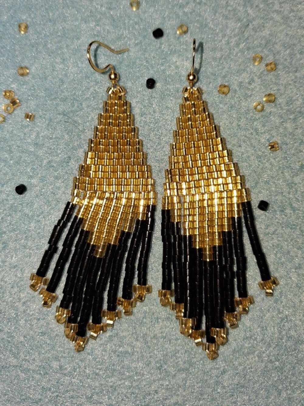 Gold & Black Beaded Fringe Earrings — Handmade Boho Statement