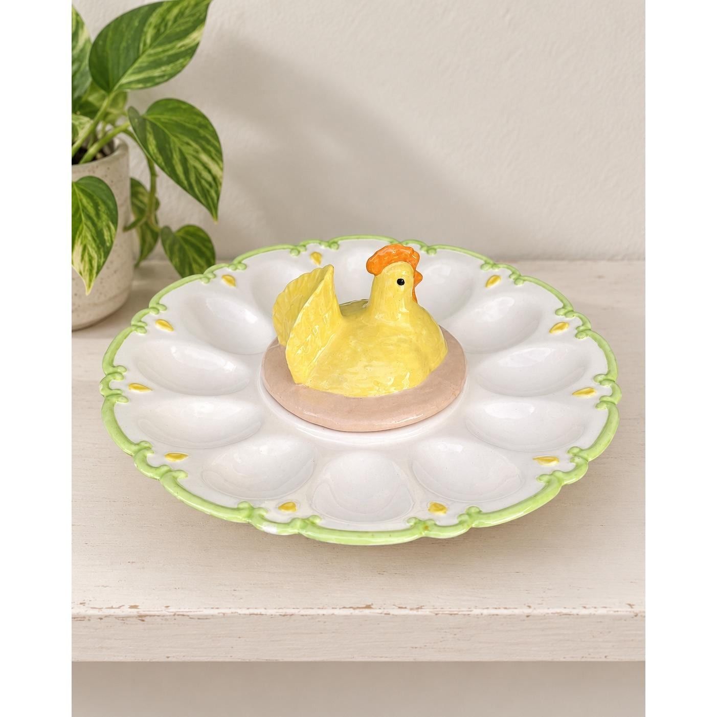 Handmade Signed Ceramic Deviled Egg Platter Yellow Hen Lid Farmhouse Cottagecore