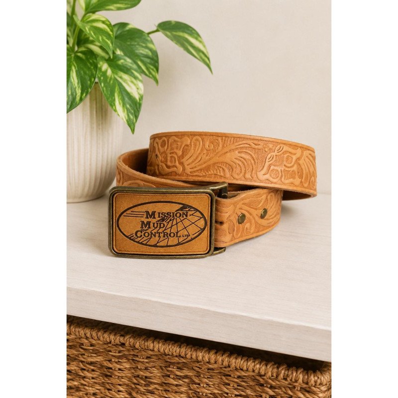 Vintage Mission Mud Control Alberta Oilfield Tooled Leather Western Belt Buckle