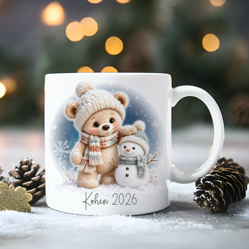 Personalized Name and Year Ceramic Mug - Winter Teddy Bear Design 1