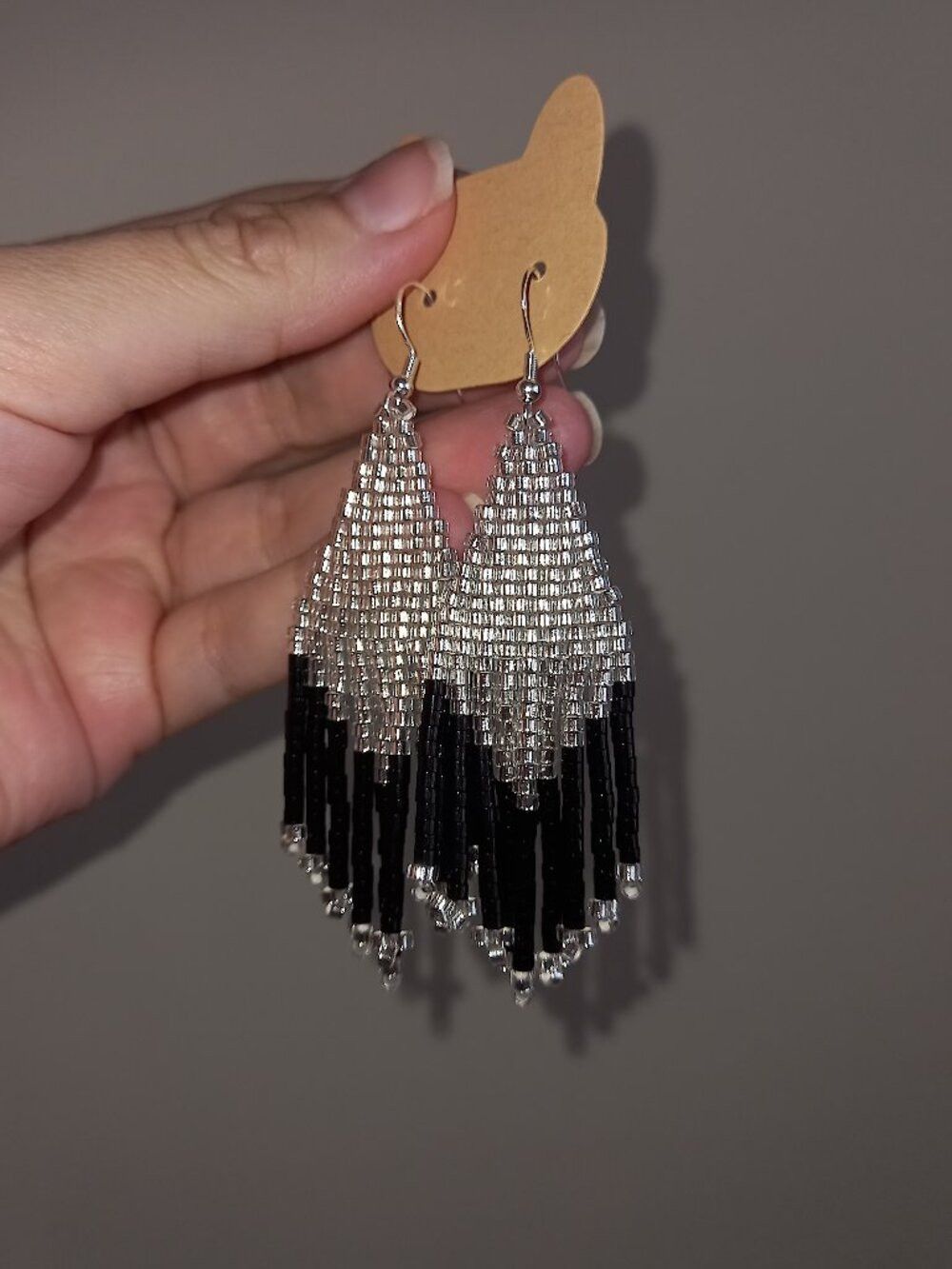 Silver & Black Beaded Fringe Earrings — Handmade Boho Statement
