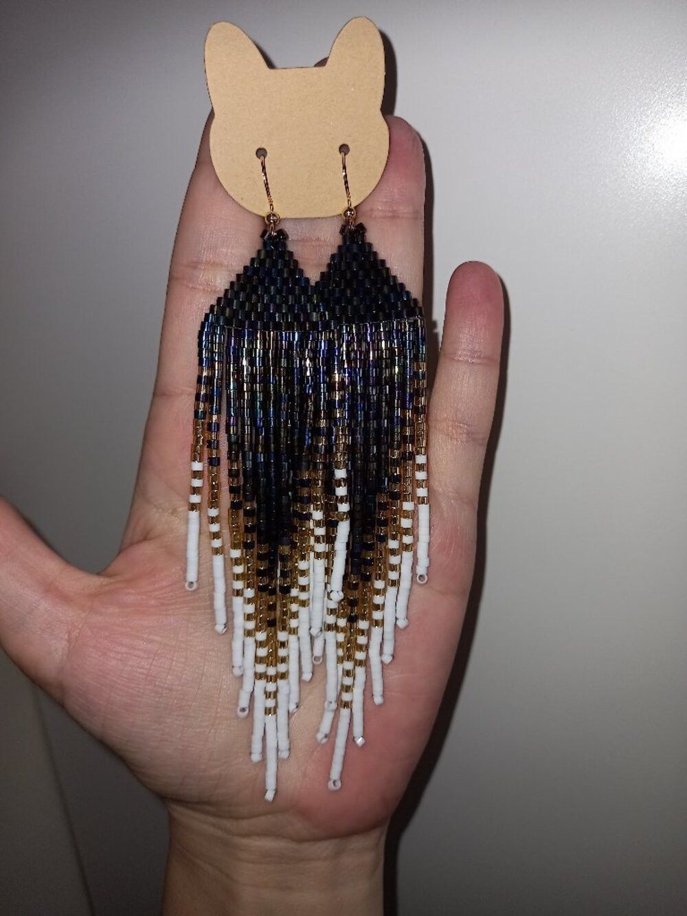 Iridescent Iris Gold White Beaded Fringe Earrings - Long Ombre Statement Drop