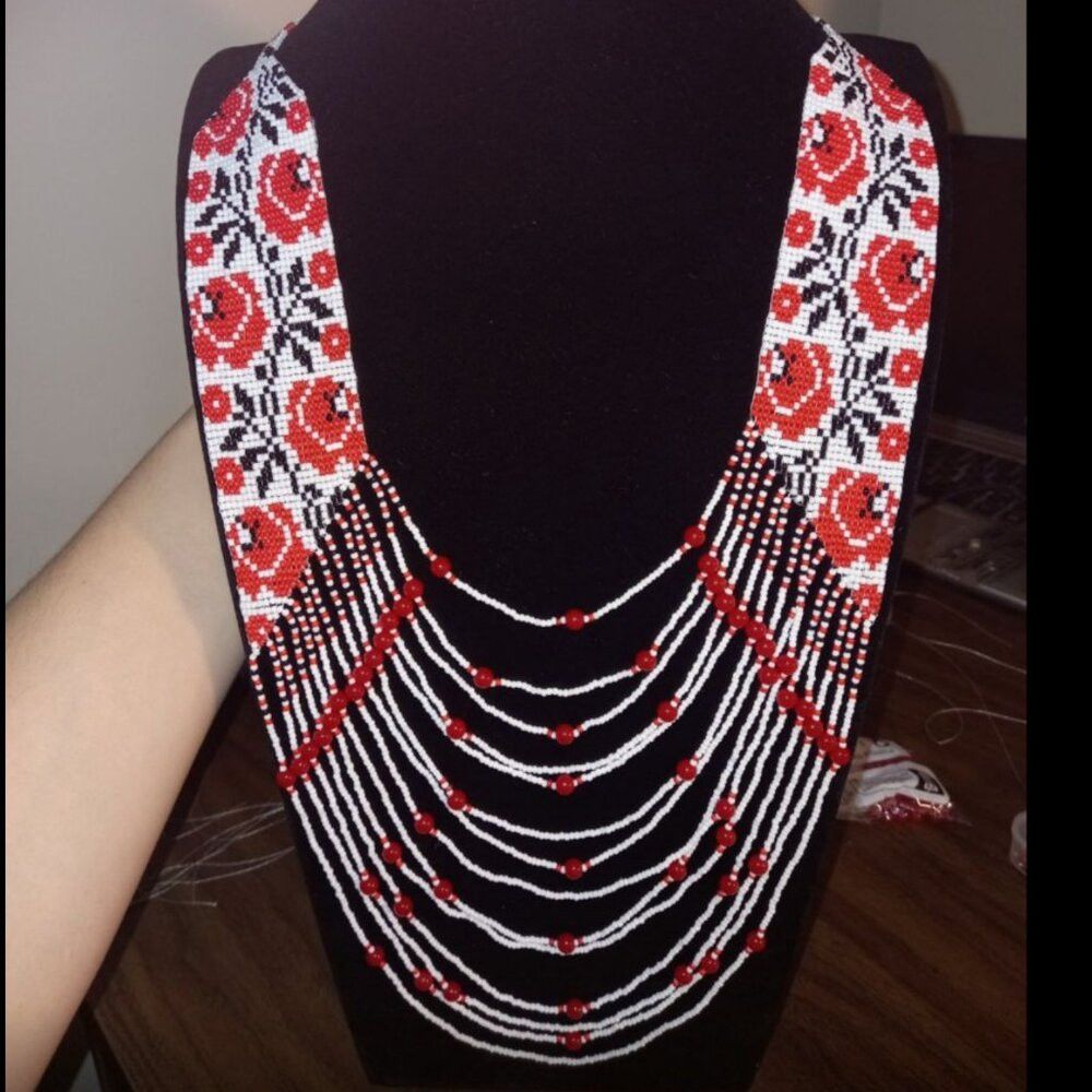 [MADE TO ORDER] Ukrainian Beaded Gerdan Necklace - Red Roses & Cascading Accent Beads