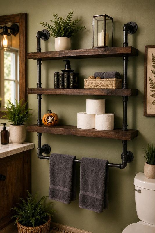 Industrial Pipe Bathroom Towel Rack With Shelves, Rustic Wood, 3 Tier