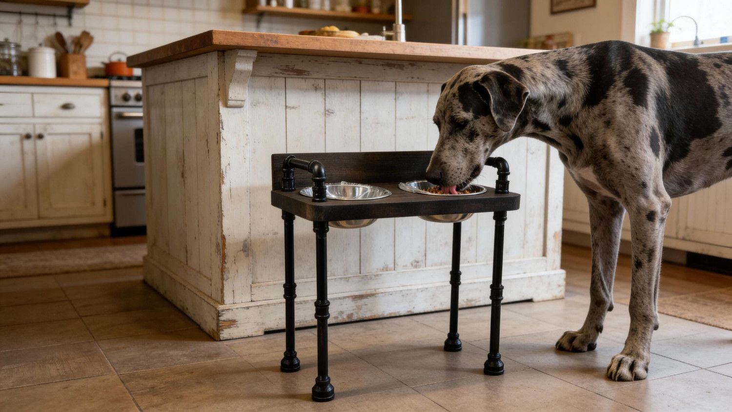 Industrial Elevated Dog Bowl Stand, Matte Black Pipe, Wood Base