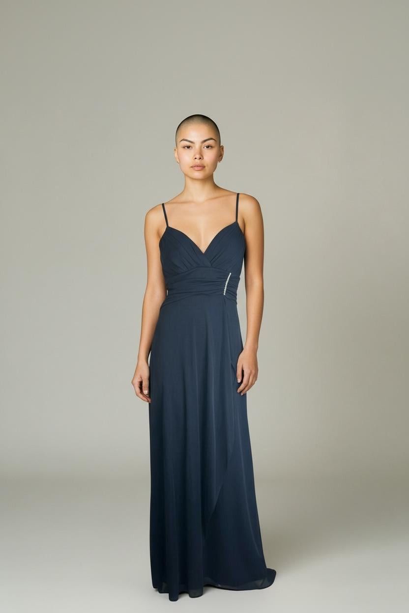 Vintage Betsy & Adam Navy Chiffon Prom Dress Size 8 Y2K Rhinestone Babydoll Gown