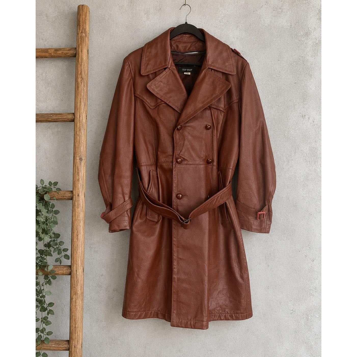 Vintage Tip Top Mens Brown Leather Trench Coat Belted Plaid Zip Out Liner 40