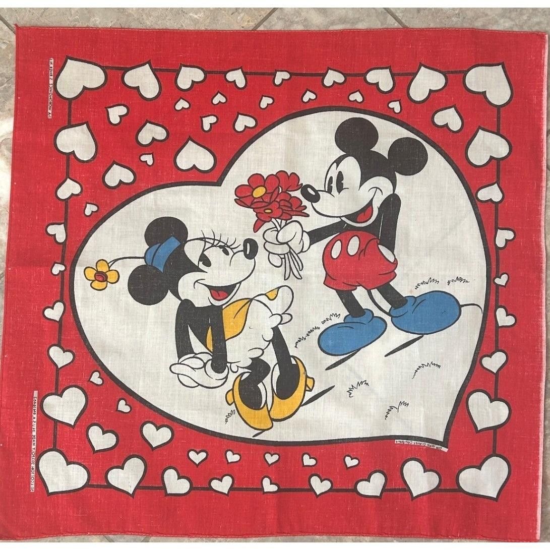 Vintage Disney Mickey Minnie Mouse Heart Bandana Red Scarf Made in USA