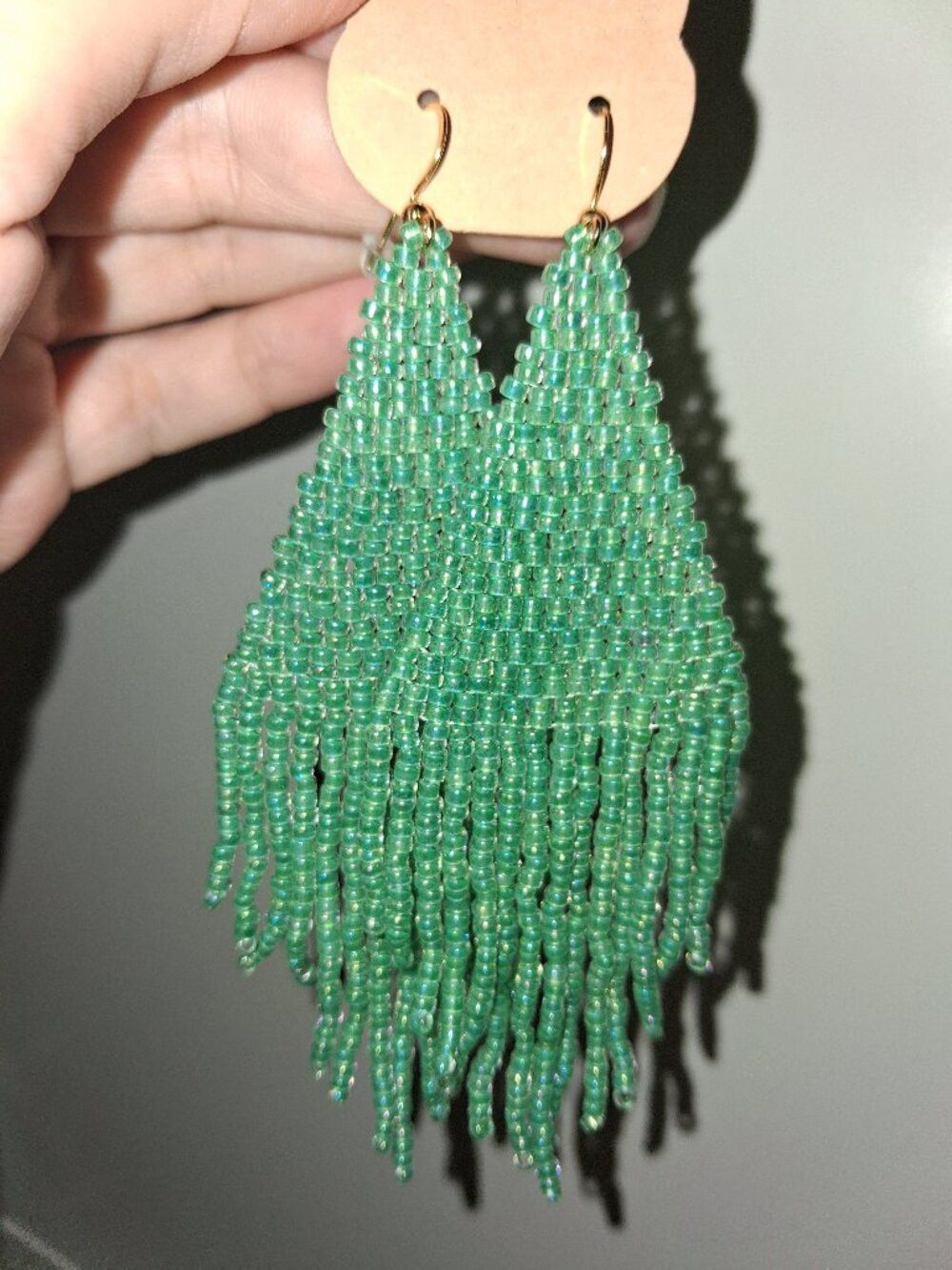 Long Iridescent Green Beaded Fringe Earrings - Handmade Statement
