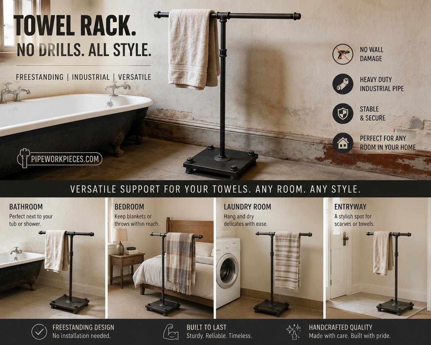 Industrial Style Bath Towel Rack: Freestanding Knotty Pine Stand