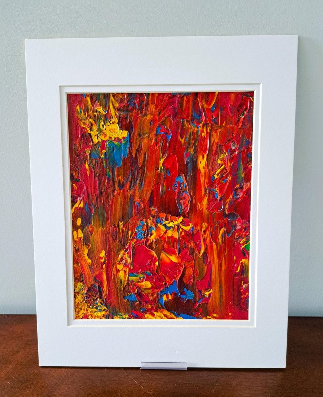 Wall Art Original Abstract FIRE Acrylic Painting in White Mat