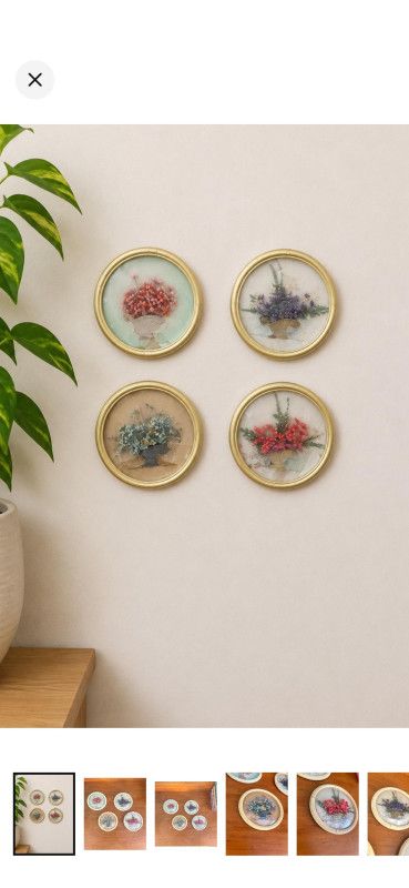 Vintage Lucite Floral Wall Art Set of 4 Straw Flower Bubble Frames 40s Colorful