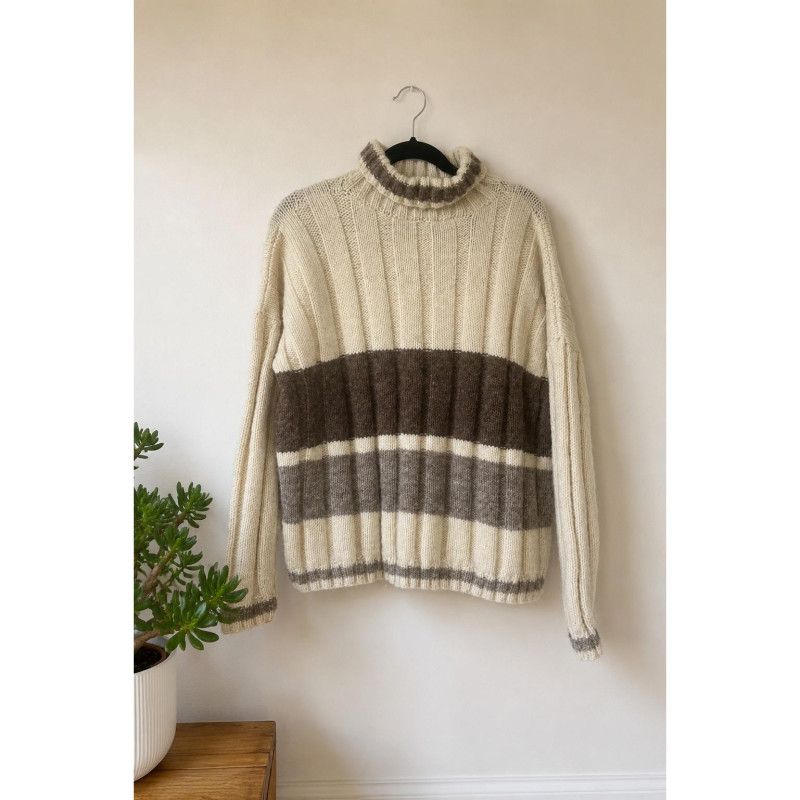 Vintage Handmade Fisherman Sweater Wool Cable Knit Nordic Beige Brown Pullover L