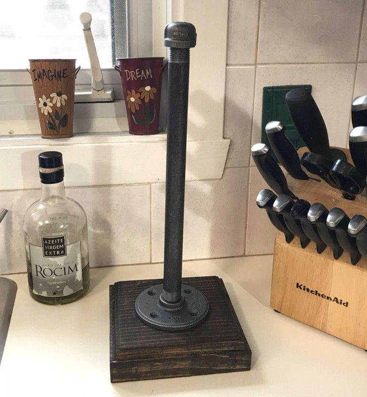 Industrial Paper Towel Holder: Steampunk Style, Stained Wood Base