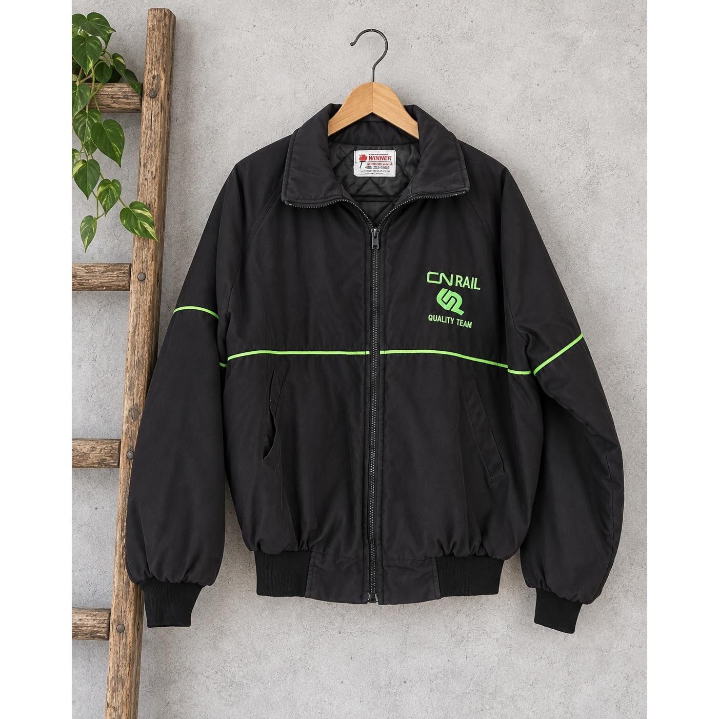 Vintage CN Rail Quality Team Workwear Jacket Black Neon Green Bomber XL Canada