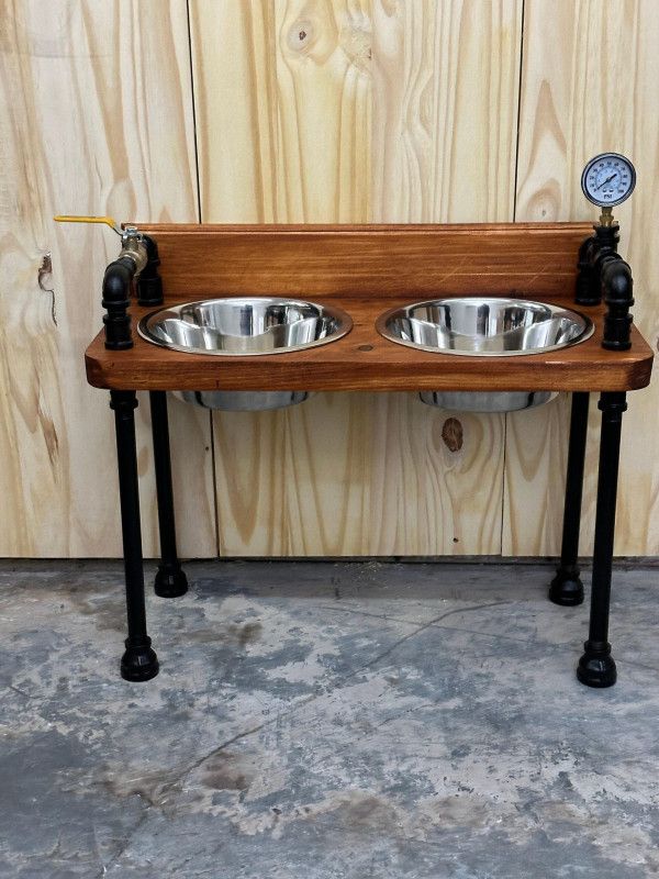 2 or 3 bowl TEE handle dog feeder – Industrial style Raised Dog feeder- farmhouse dog feeder -rustic feeder