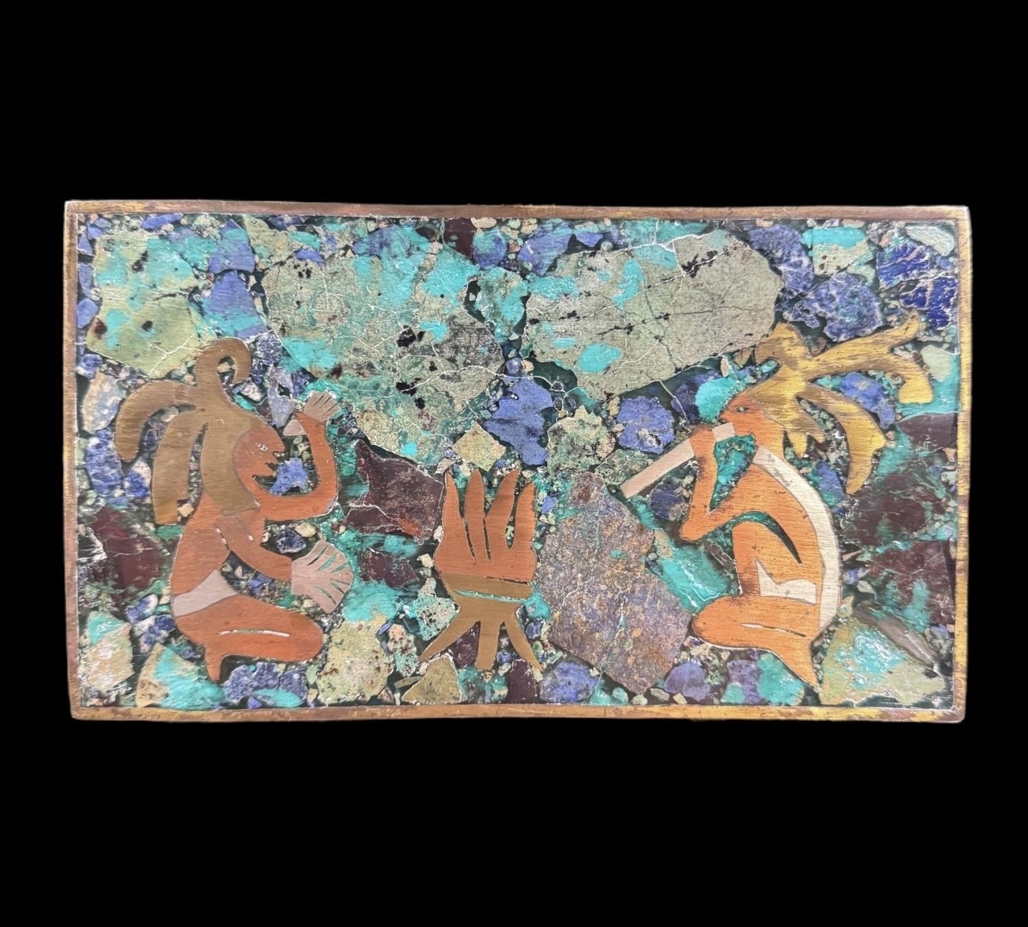 Vintage Handmade Mexico Inlaid Brass Bronze Malachite Wood Lined Taxco Inspired Trinket Box