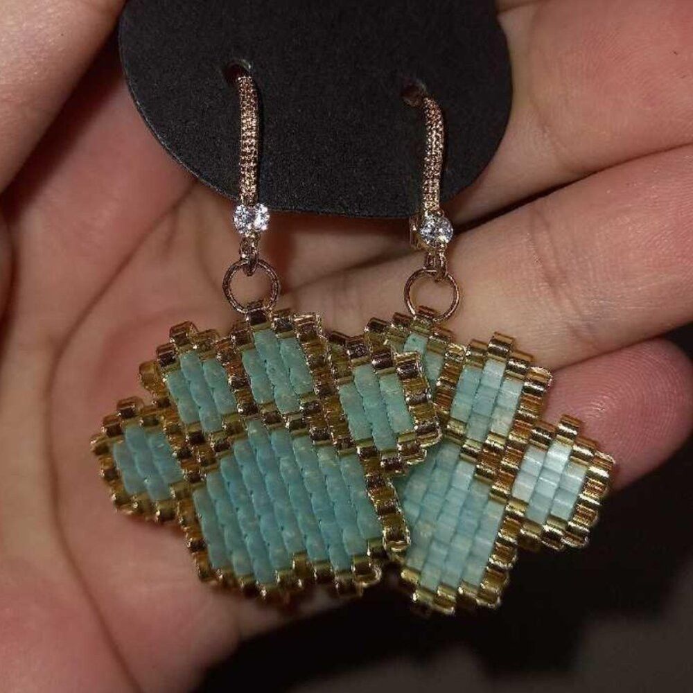 Mint Green and Gold Beaded Paw Print Earrings - 18K Gold Plated CZ Hooks Cute Pet Lover Gift