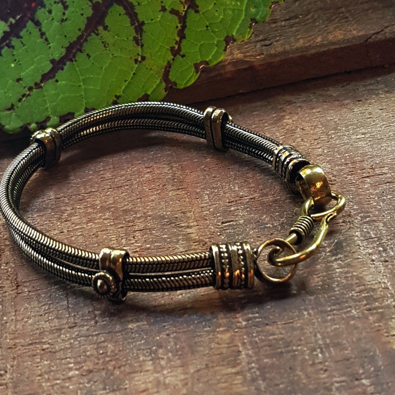 Bronze snake chain bracelet 8.5 inch length. Double rope style. India traditional vintage jewelry design. Sturdy hook closure. Versatile.