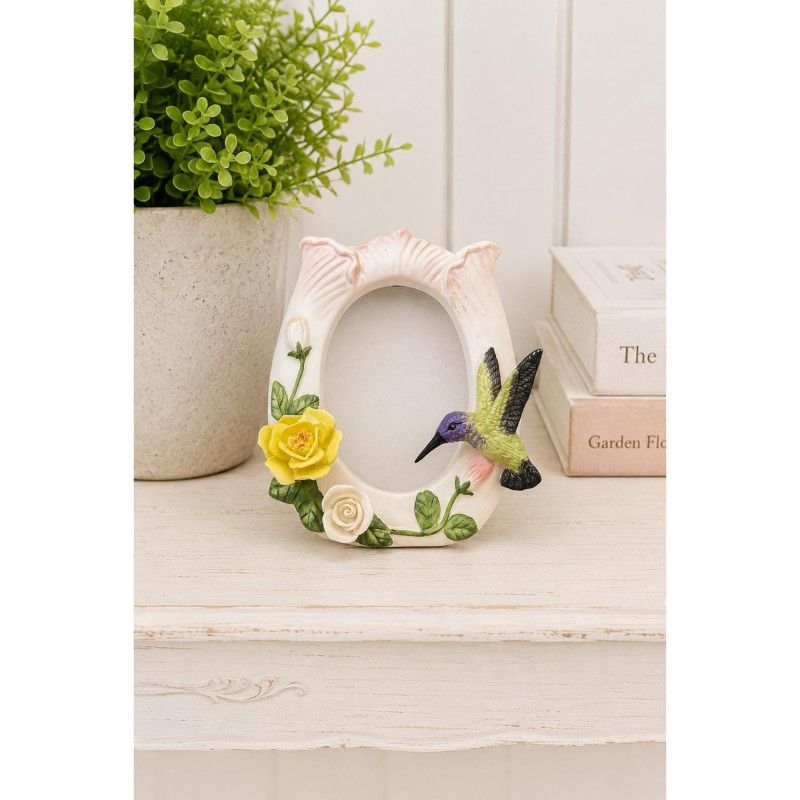 Vintage Russ Berrie Ceramic Hummingbird Picture Frame Hand Painted Floral 3D