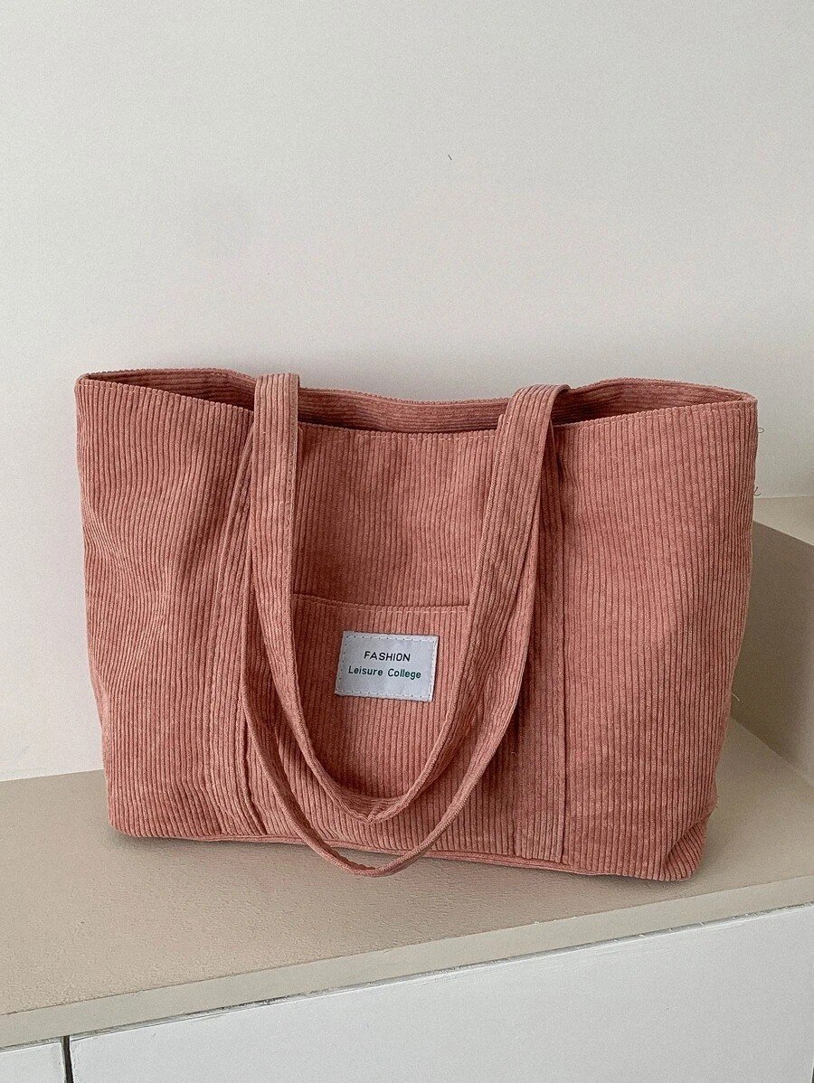 Letter Patch Corduroy Tote Bag