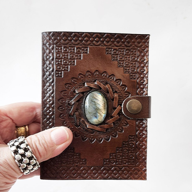 Brown Leather Bound Blank Page Journal with a Labradorite Center Gemstone. 5 inch Compact Size. For writing, trip diary, sketches & doodles.