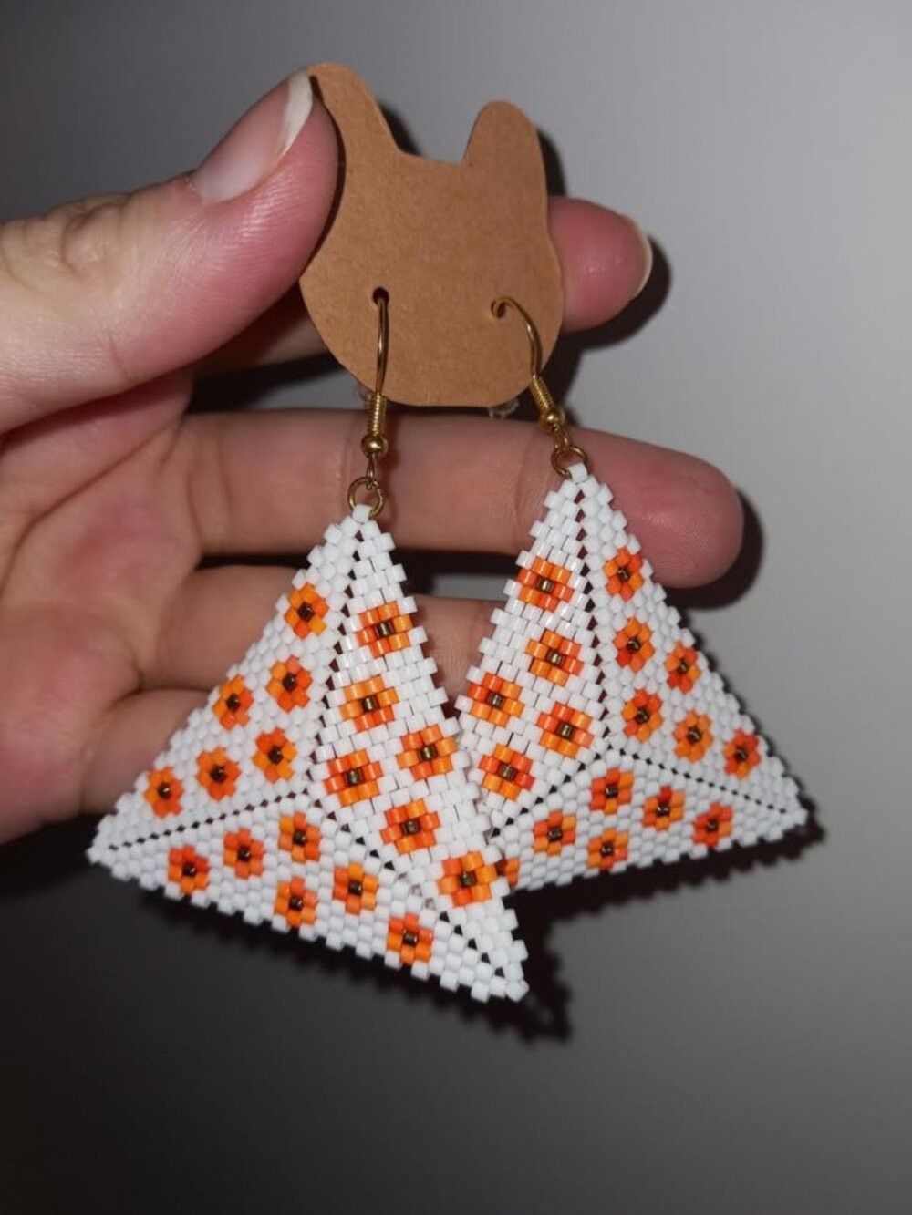 New Handmade Earrings with orange flowers – Peyote Triangle Style