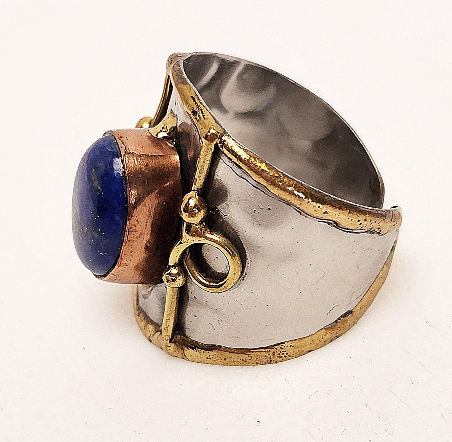 Silver Artisan Handmade Lapis Lazuli Gemstone Ring. Adjustable Fit. Medieval Aesthetic Poured Brass Overlay Motif. Unique & One of a Kind.
