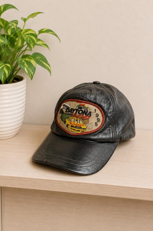 Vintage 1995 Daytona 500 Kodak Leather Snapback Racing NASCAR Black Cap Hat