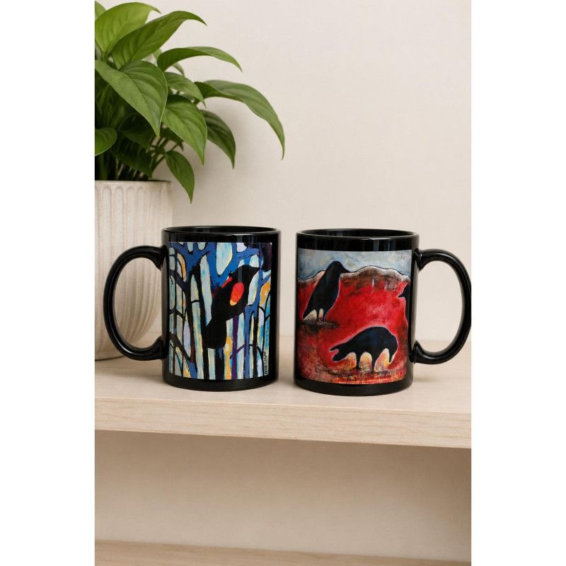 Original Art Black Crow Mug Set of 2 Artisan Coffee Raven Gothic Witchy