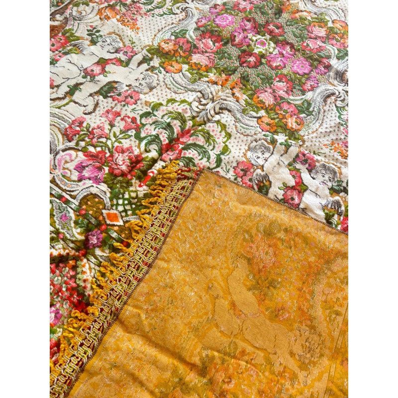 Vintage Italian Velvet Tapestry Coverlet Cherubs Floral Cottagecore Romantic MCM