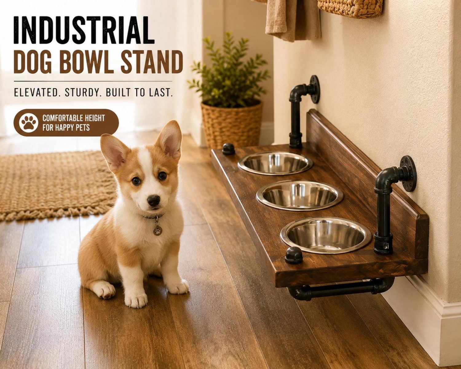 Floating dog bowl stand, knotty pine feeder, rustic wall shelf